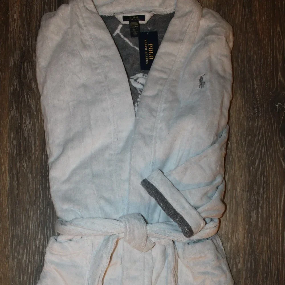 NWT MEN'S POLO RALPH LAUREN BIG‎ PONY VELOUR PLUSH BATH ROBE WHITE GRAY